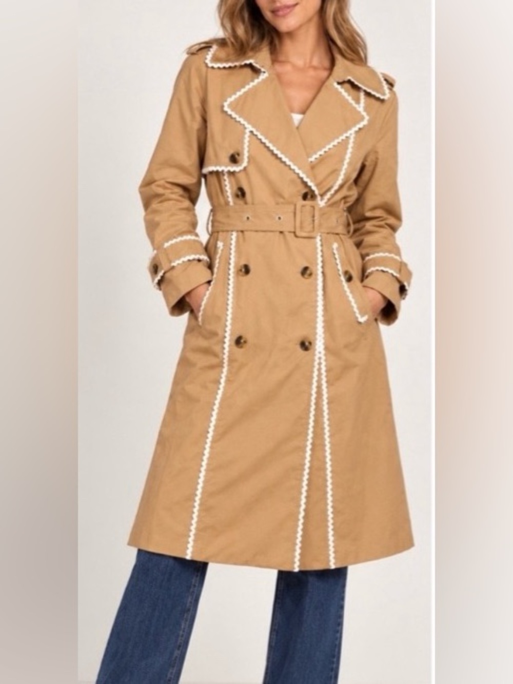 Camel Trench Coat White Ric Rac Trim Belted Double Breasted Statement Jacket